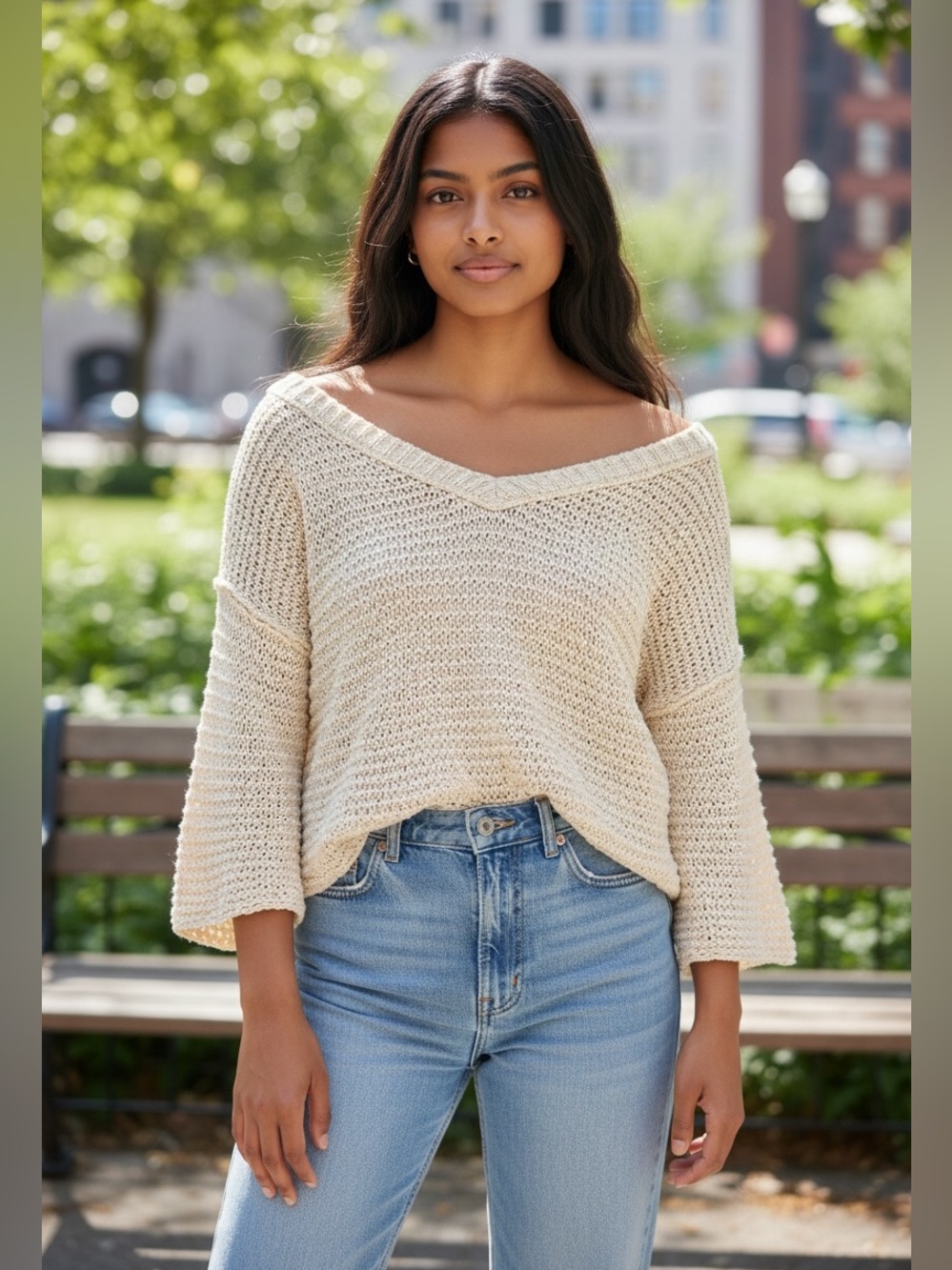 Free People Cream Knitted 3/4 Sleeve Sweater Off The Shoulder